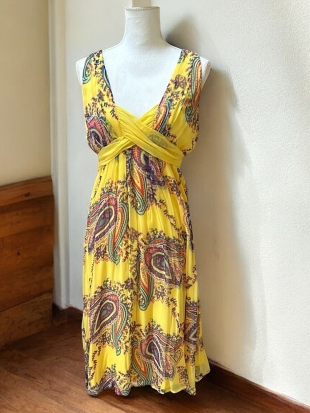 Vtg Jonathan Martin NWT Yellow Lavender Paisley Sleeveless Silk Cocktail Dress L